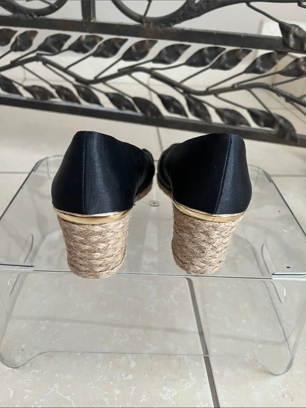 Adrienne Vittadini Black Espadrille Wedge Peep-Toe Heels